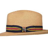 Tan paper braid hat with striped band and small front emblem