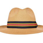 Tan paper braid hat with striped band, wide brim