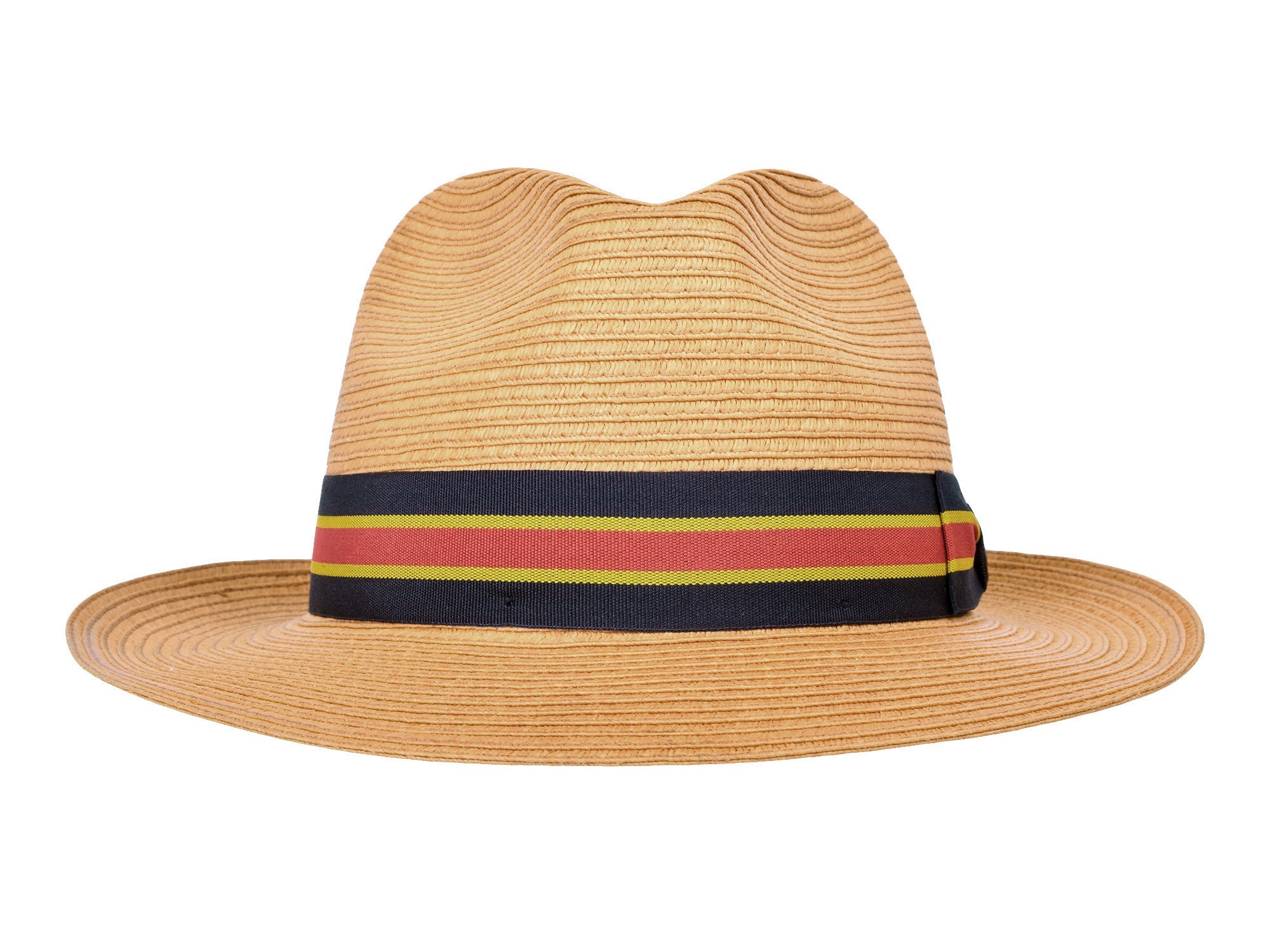Tan paper braid hat with striped band, wide brim