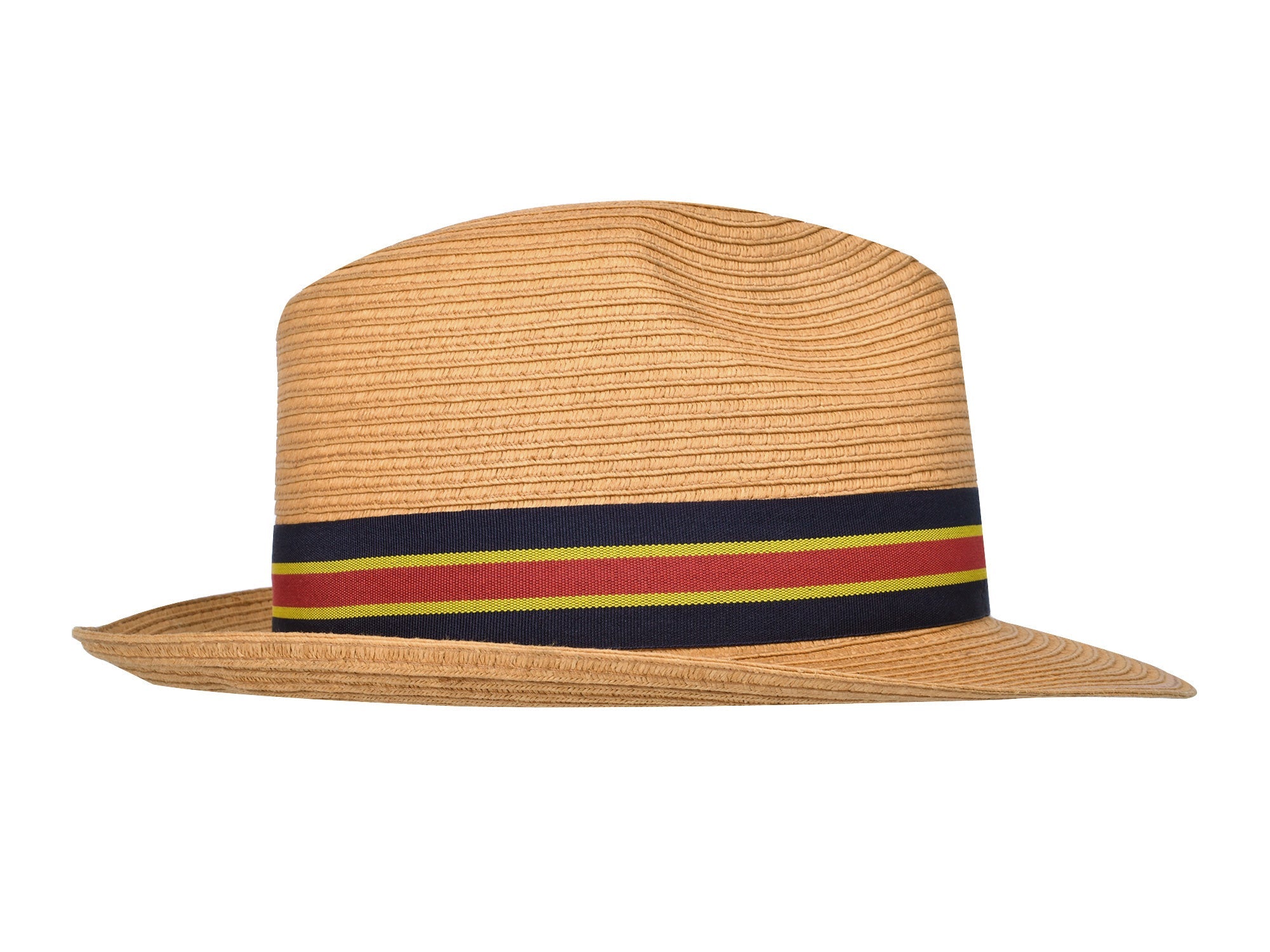 Tan paper braid hat with striped band and slanted crown