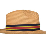 Tan paper braid hat with striped band and slanted crown
