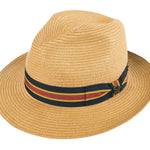 Beige paper braid fedora-style hat with multicolor striped band and bow