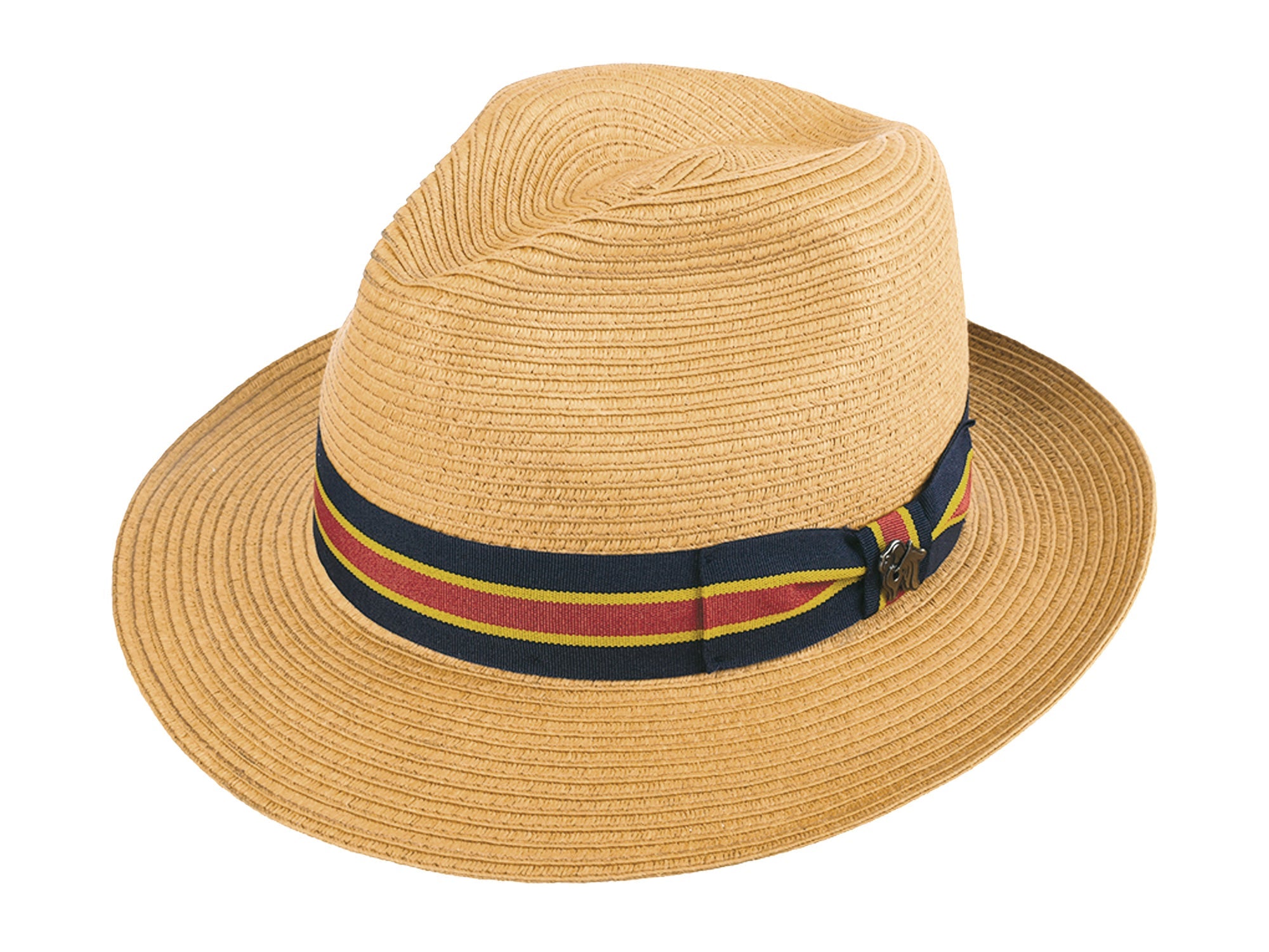 Beige paper braid fedora-style hat with multicolor striped band and bow