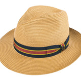 Beige paper braid fedora-style hat with multicolor striped band and bow