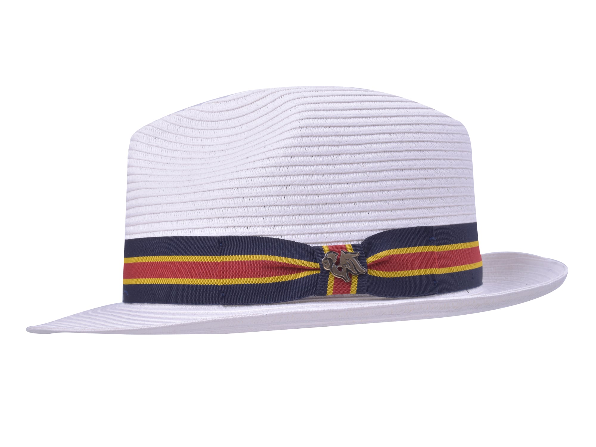 White paper braid fedora-style hat with multicolor striped band and bow detail