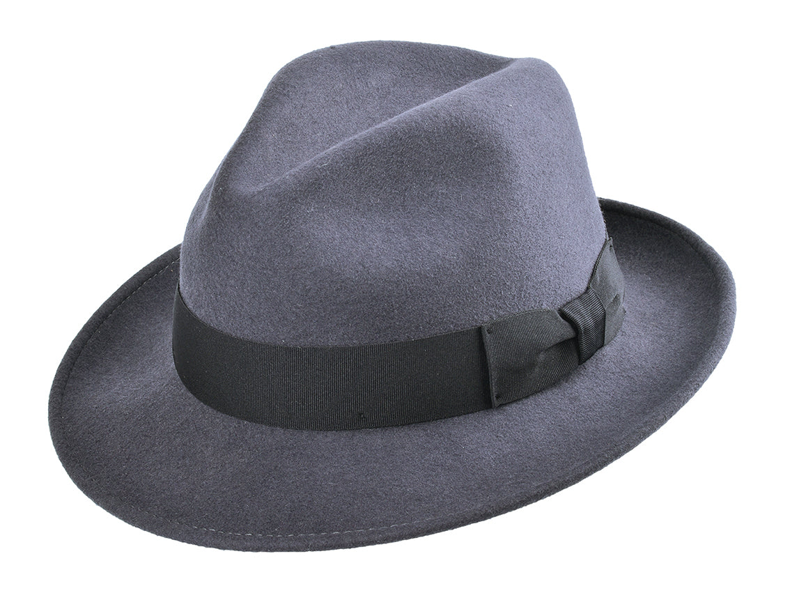 Dark gray wool felt fedora hat with black band and bow detail