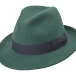 Green wool felt fedora hat with dark band and bow detail