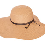 Beige paper braid floppy hat with dark band and drawstring tie cords