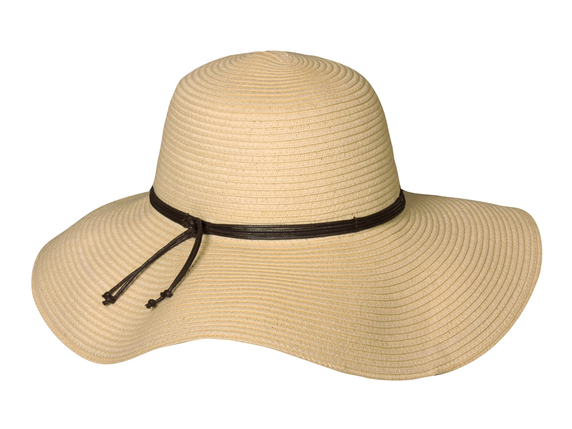 Cream paper braid floppy hat with black band and drawstring bow detail