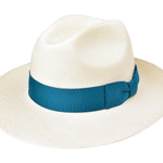 Natural Panama hat with teal ribbon band, wide brim