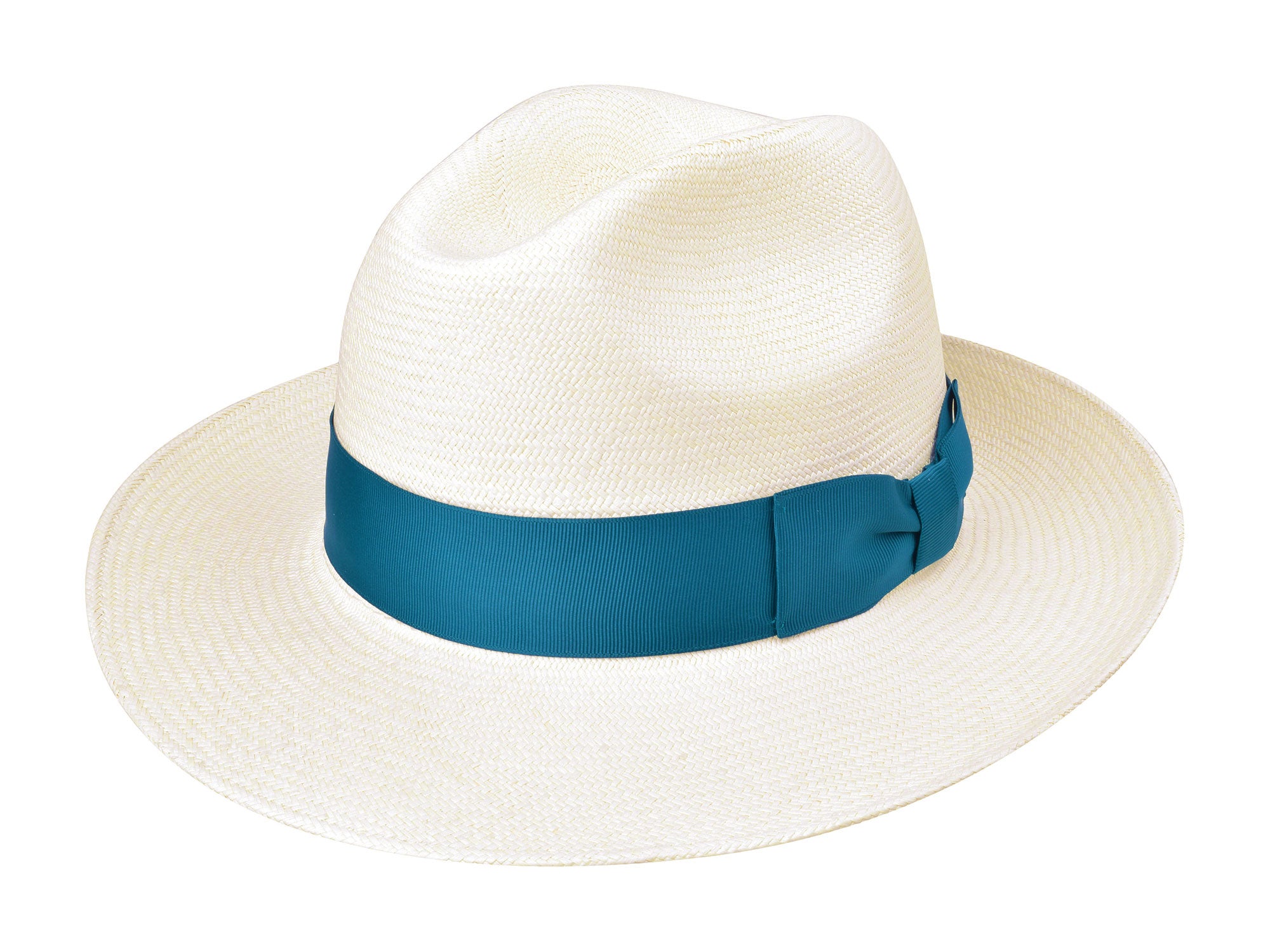 Natural Panama hat with teal ribbon band, wide brim