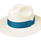Natural Panama hat with teal ribbon band, wide brim