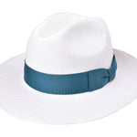 White Panama hat with teal ribbon band, wide brim