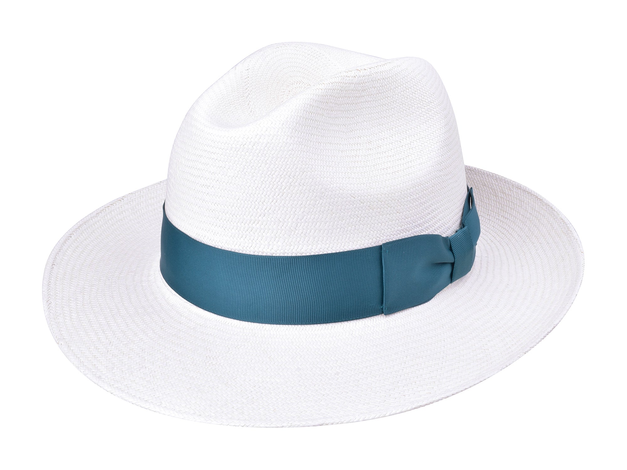 White Panama hat with teal ribbon band, wide brim