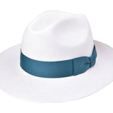 White Panama hat with teal ribbon band, wide brim