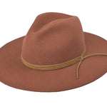 Brick-brown wool felt fedora with olive cord band and tied detail