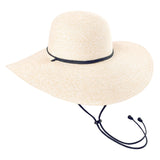 Cream poly braid hat with wide brim, black band, and chin cord ties.