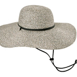 Stone poly braid wide-brim hat with black band and chin cord ties.