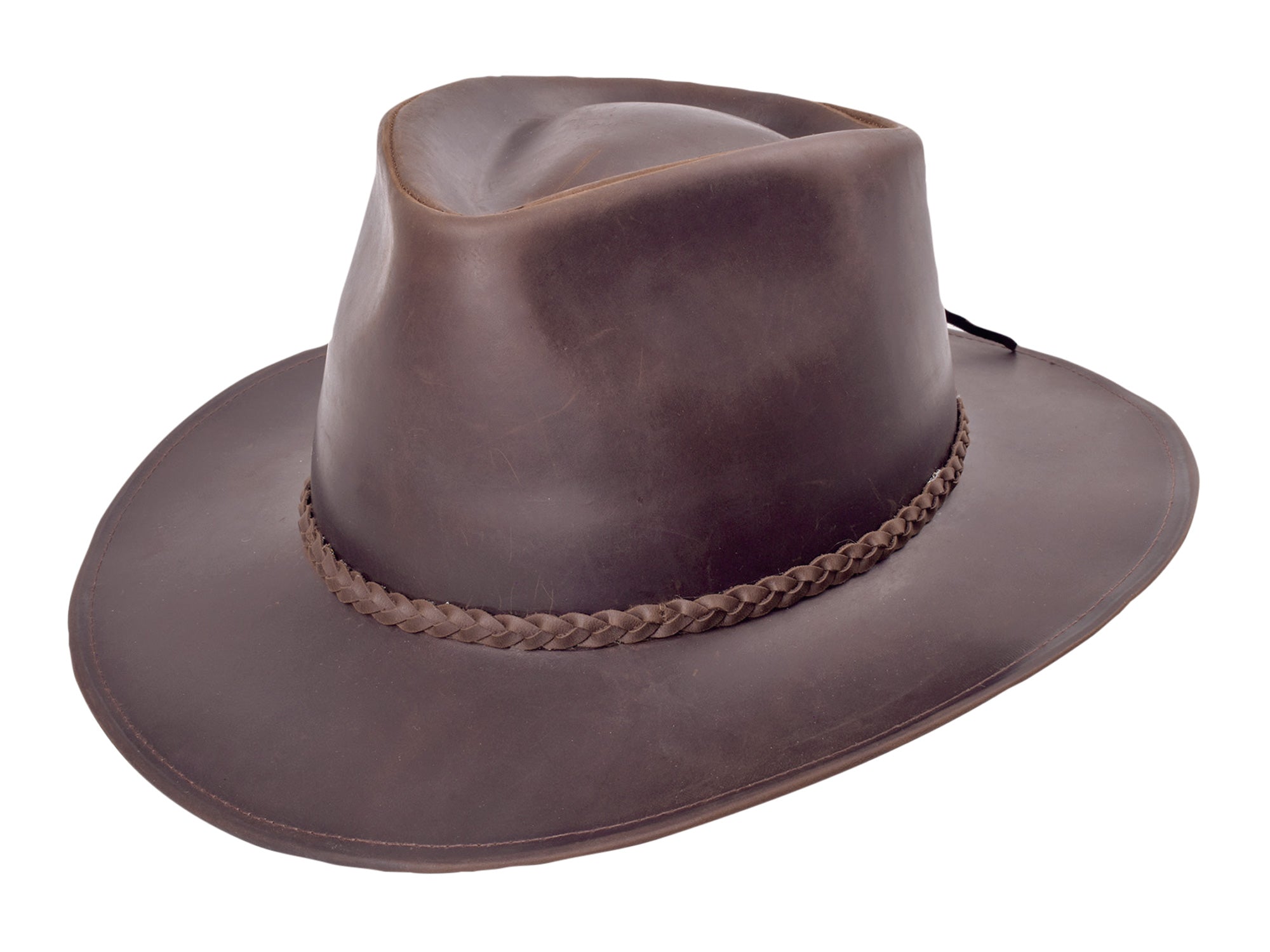 Chocolate leather wide-brim hat with braided band and structured crown.