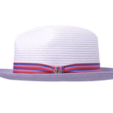 Paper braid hat with white crown, lavender brim, and multicolor striped band