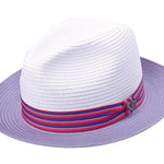 Paper braid hat with lavender crown and brim, plus multicolor striped band