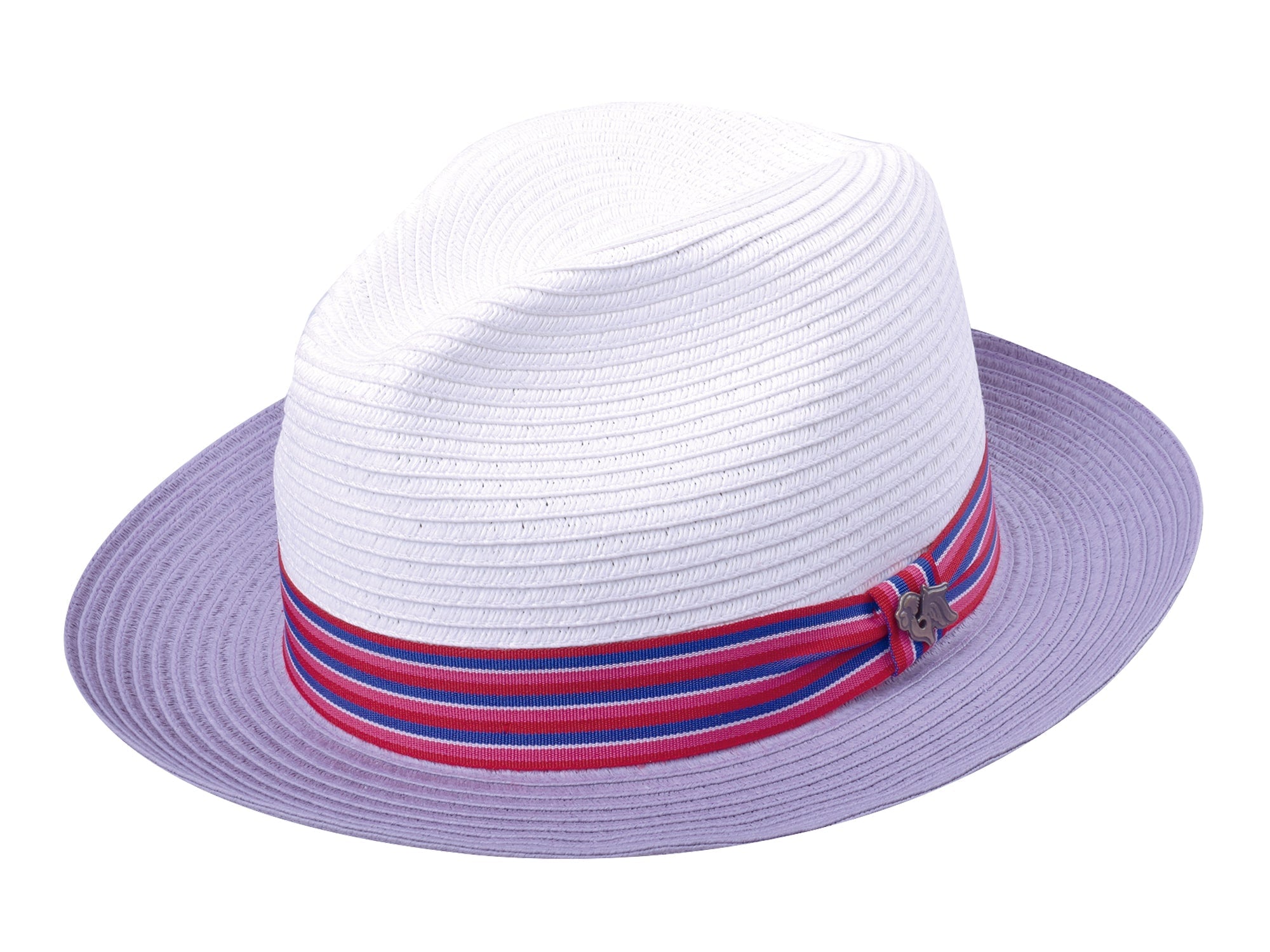 Paper braid hat with lavender crown and brim, plus multicolor striped band