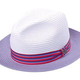 Paper braid hat with lavender crown and brim, plus multicolor striped band