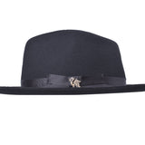 Dark grey wool felt fedora hat with metal horse emblem on band