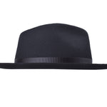 Dark grey wool felt fedora hat with flat brim and ribbon band