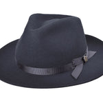 Dark grey wool felt fedora hat with bow and metal emblem