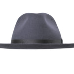 Dark grey wool felt fedora hat with ribbon band and small pin