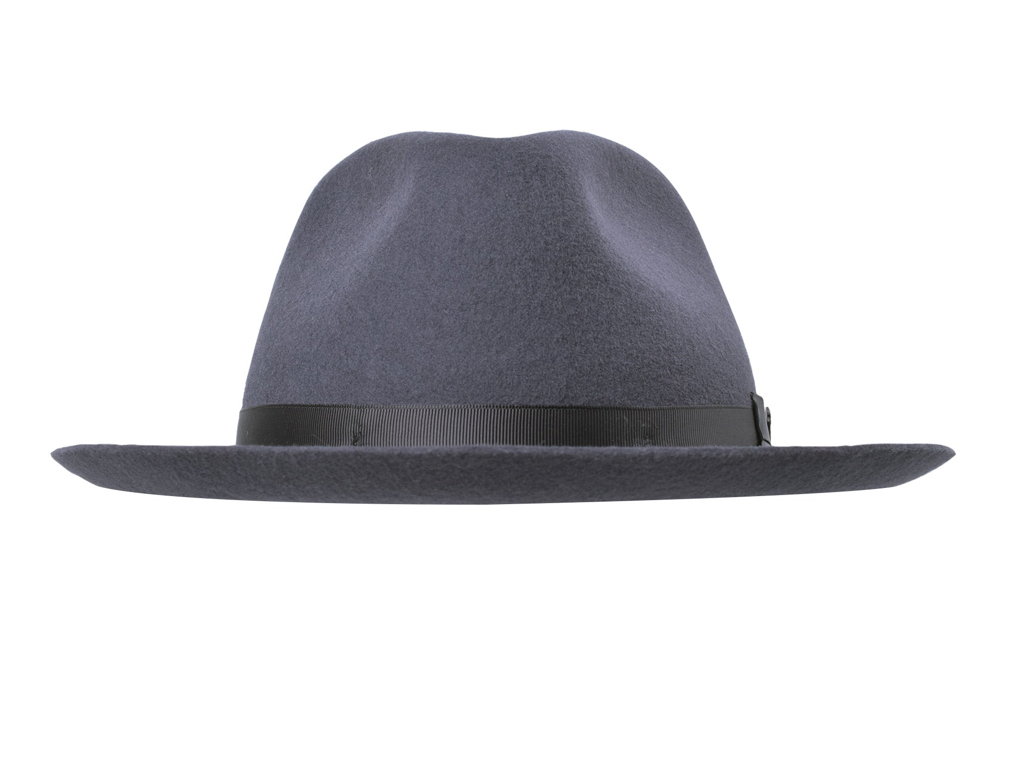 Dark grey wool felt fedora hat with ribbon band and small pin