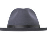 Dark grey wool felt fedora hat with ribbon band and small pin
