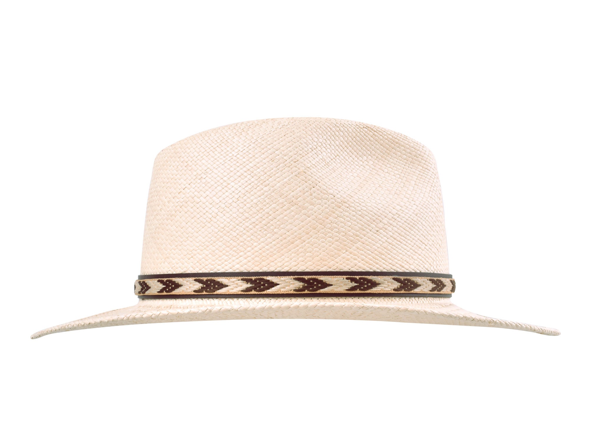 Natural Panama hat with patterned band and wide brim points