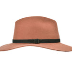Amber brown wool felt rancher hat front view with green band and buckle