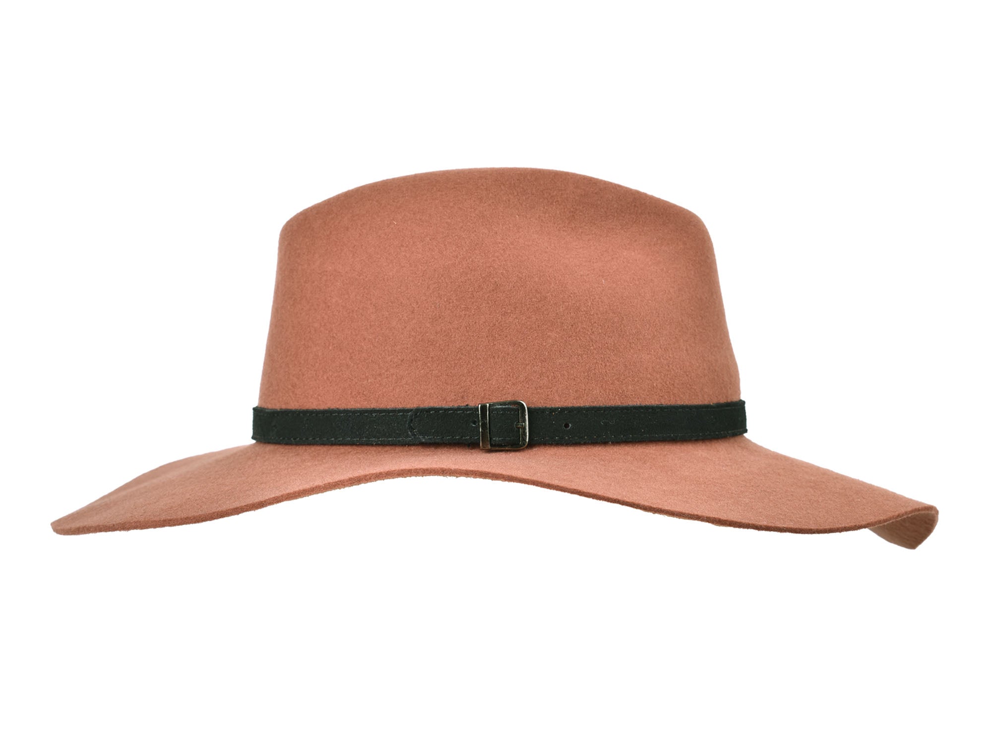 Amber brown wool felt rancher hat front view with green band and buckle