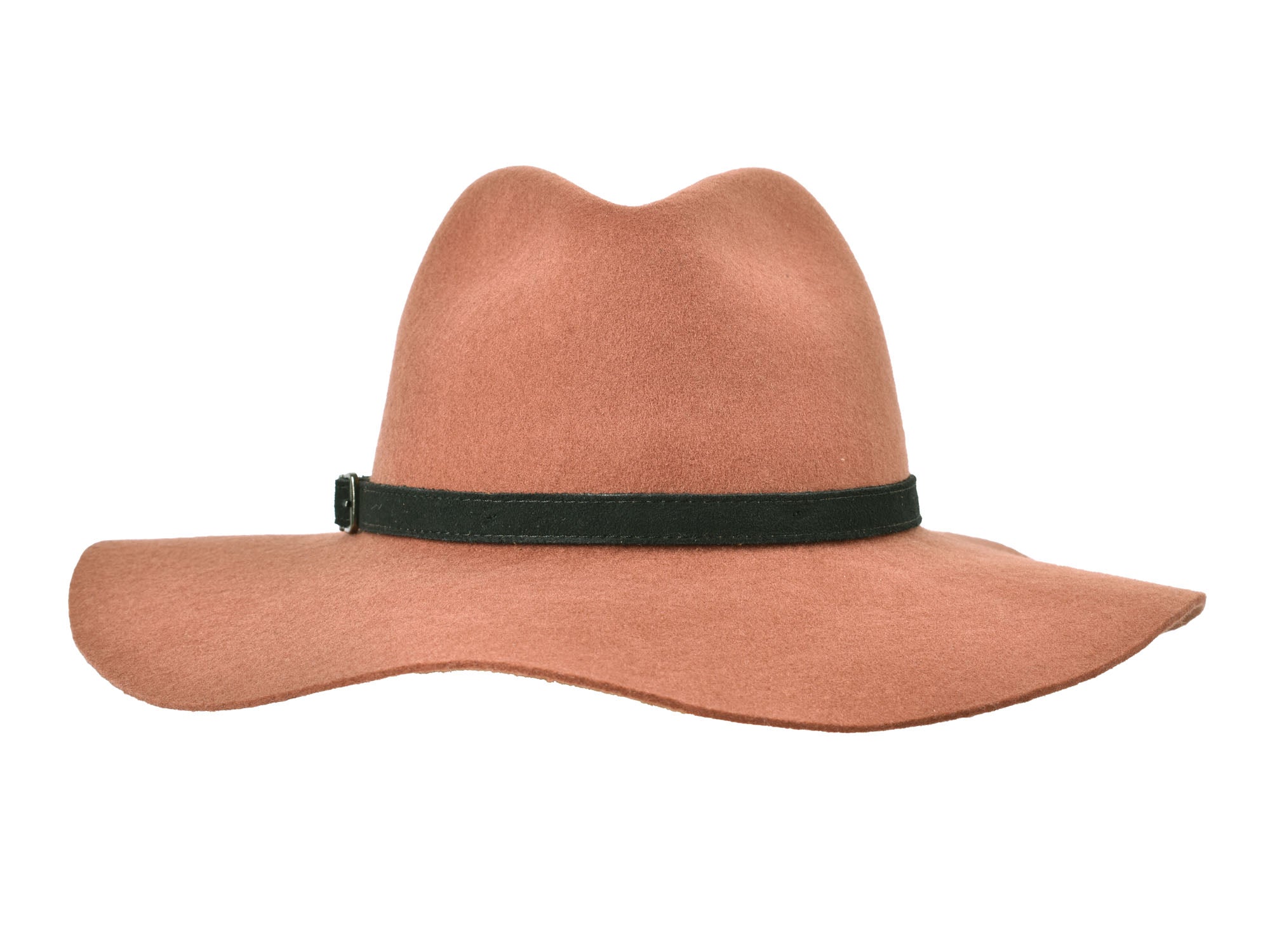 Amber brown wool felt rancher hat, side view with dark green band