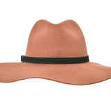 Amber brown wool felt rancher hat, side view with dark green band
