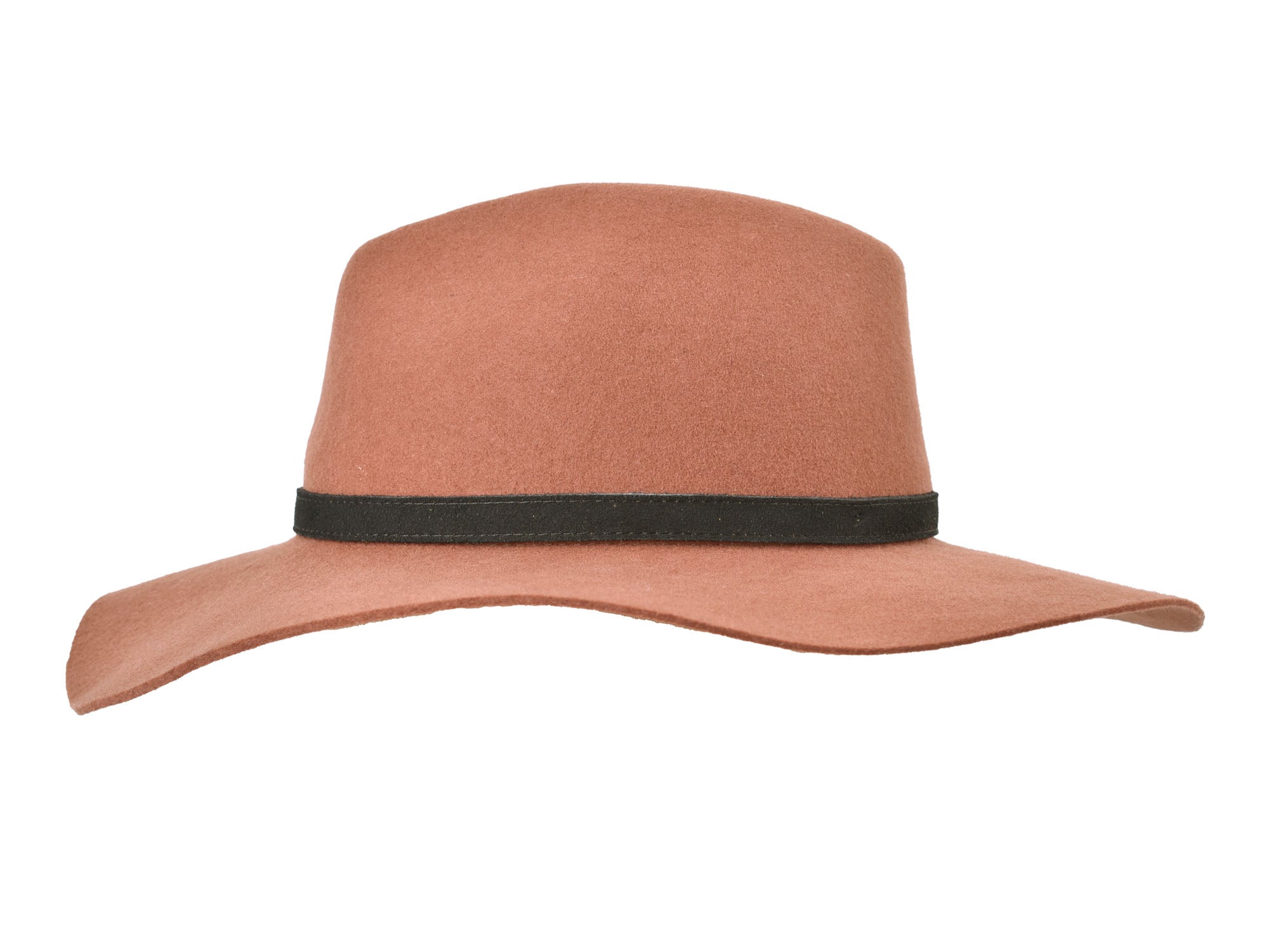 Amber brown wool felt rancher hat with dark green band and wide brim