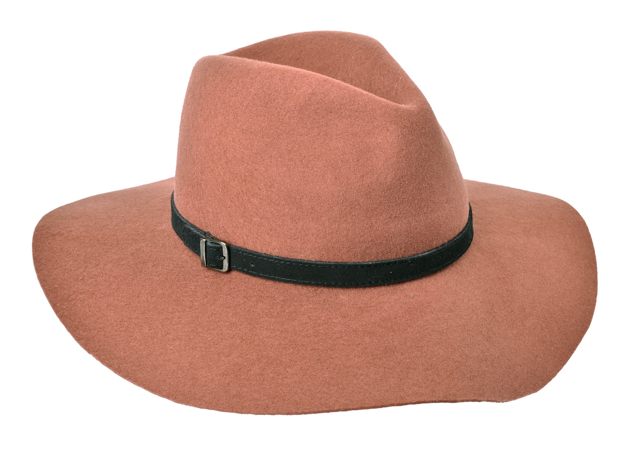 Amber brown wool felt rancher hat with dark green band and buckle