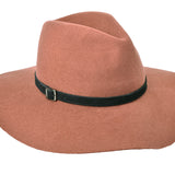 Amber brown wool felt rancher hat with dark green band and buckle