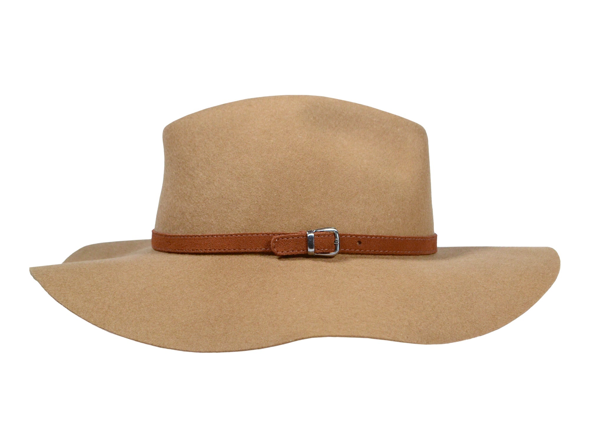 Camel tan wool felt rancher hat with brown band and rectangular buckle