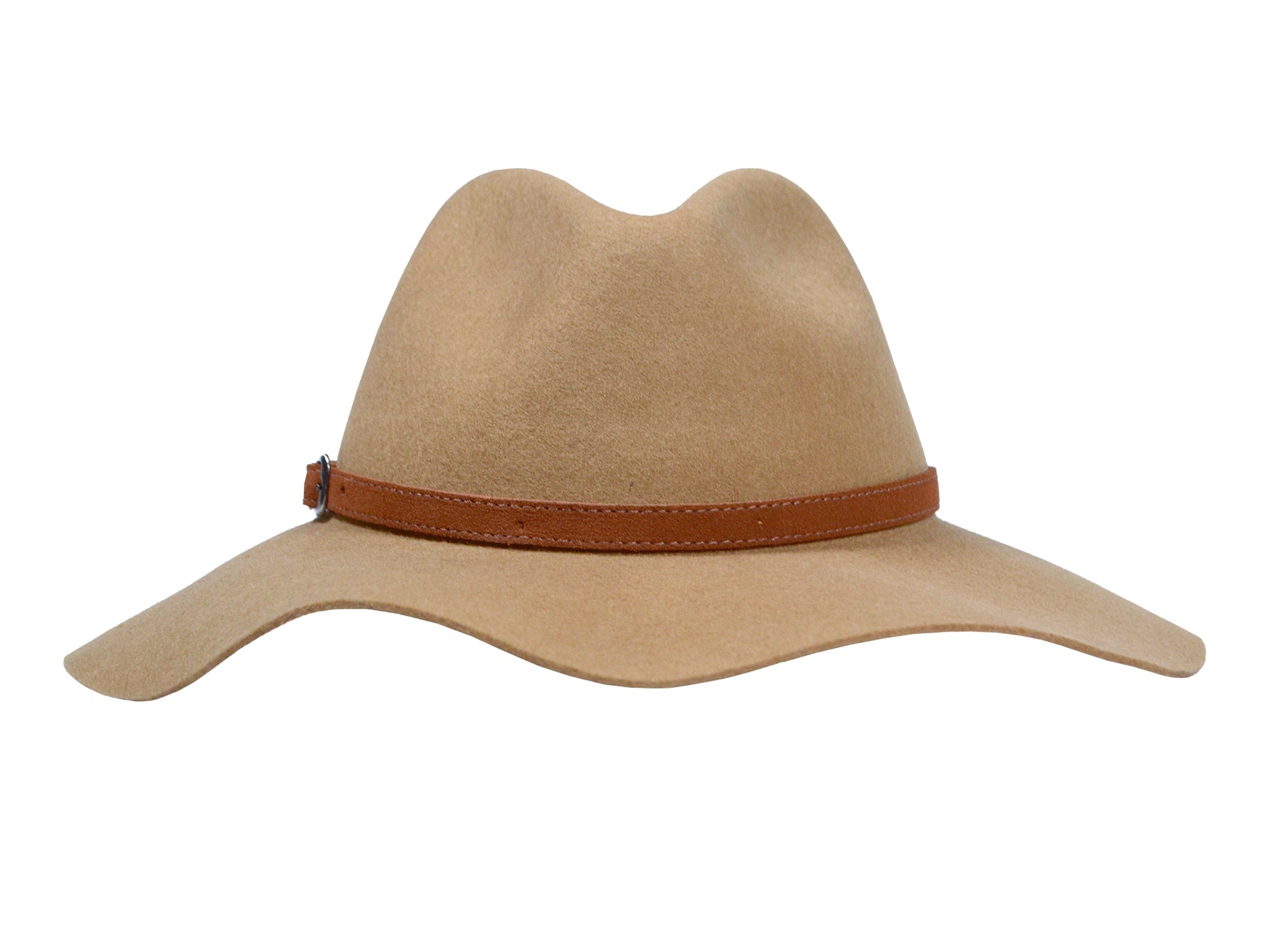 Camel tan wool felt rancher hat with brown band and curved side brim
