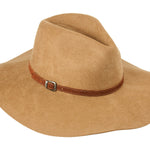 Camel tan wool felt rancher hat with brown leather-look band and buckle