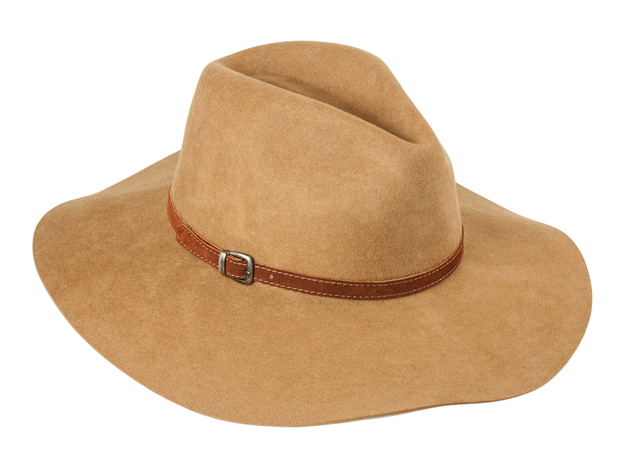 Camel tan wool felt rancher hat with brown leather-look band and buckle