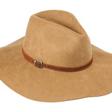 Camel tan wool felt rancher hat with brown leather-look band and buckle