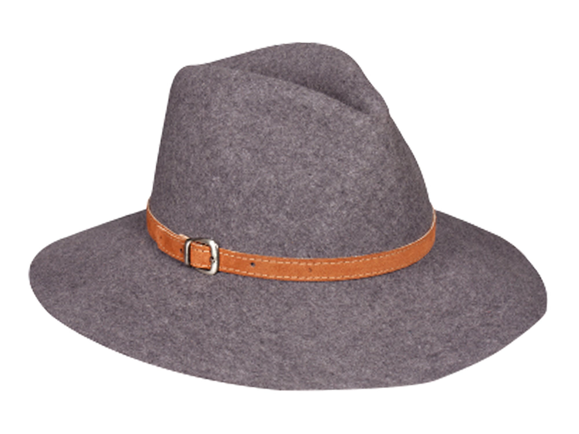 Gray wool felt rancher hat with tan leather band and square buckle
