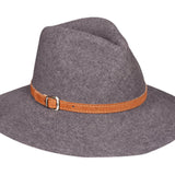 Gray wool felt rancher hat with tan leather band and square buckle