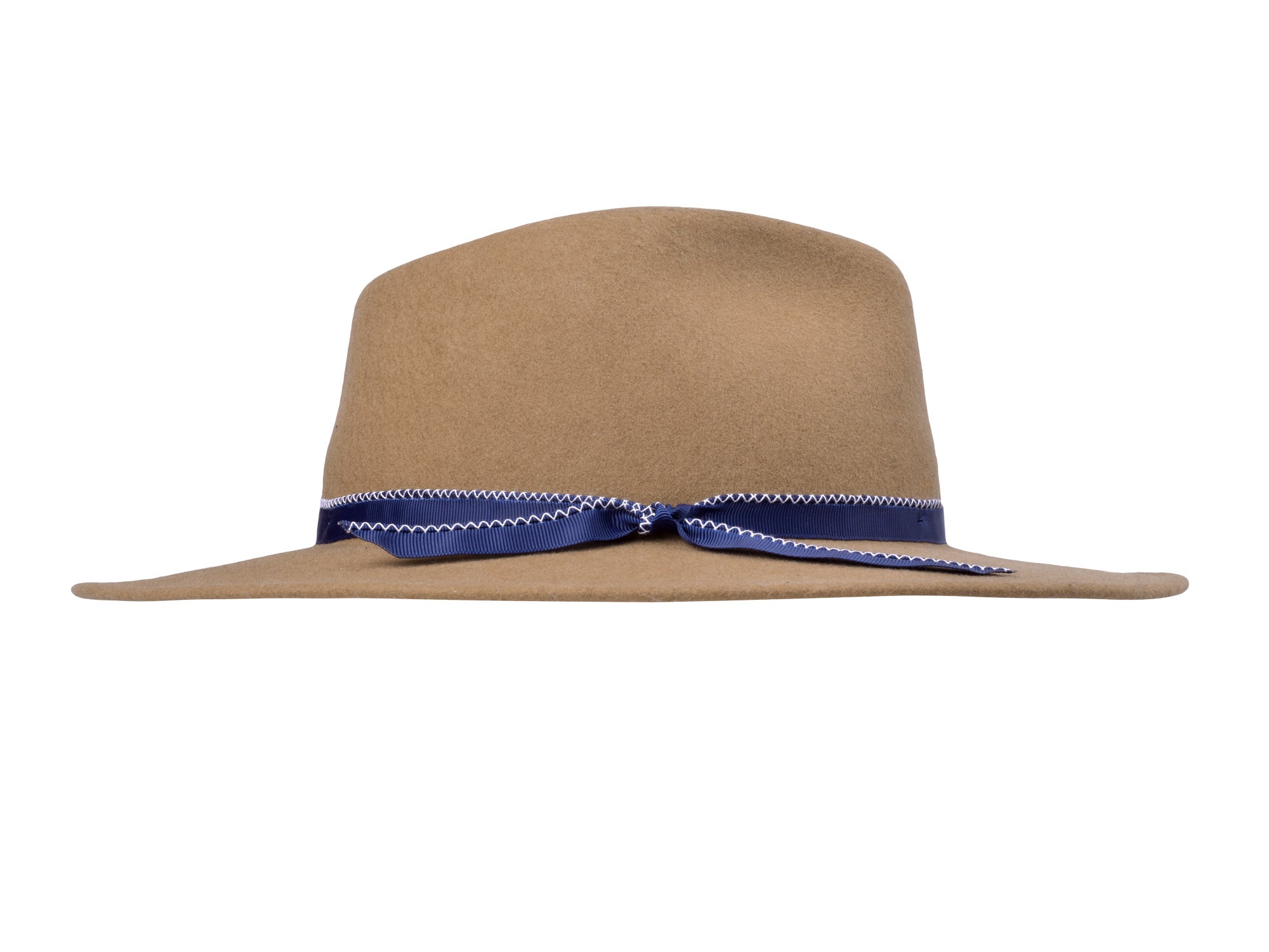 Merino wool felt hat in camel, front view with blue stitched band and bow