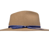 Merino wool felt hat in camel, front view with blue stitched band and bow